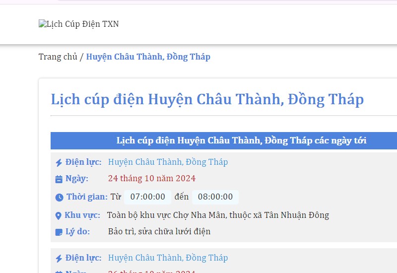 Lịch cúp điện Châu Thành