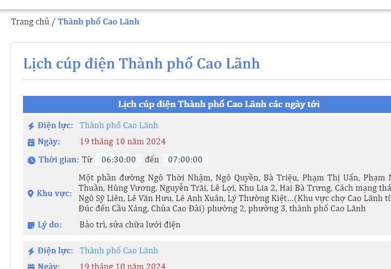 Lịch cúp điện thành phố Cao Lãnh