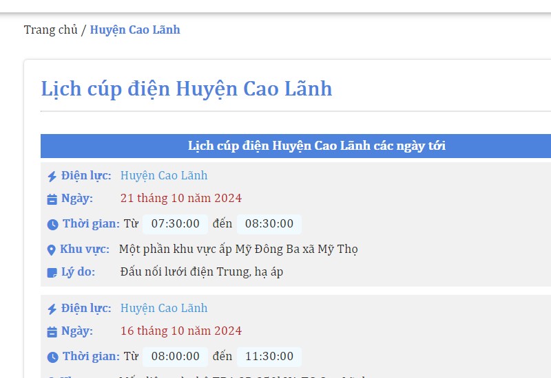 tra cứu Lịch cúp điện Cao Lãnh